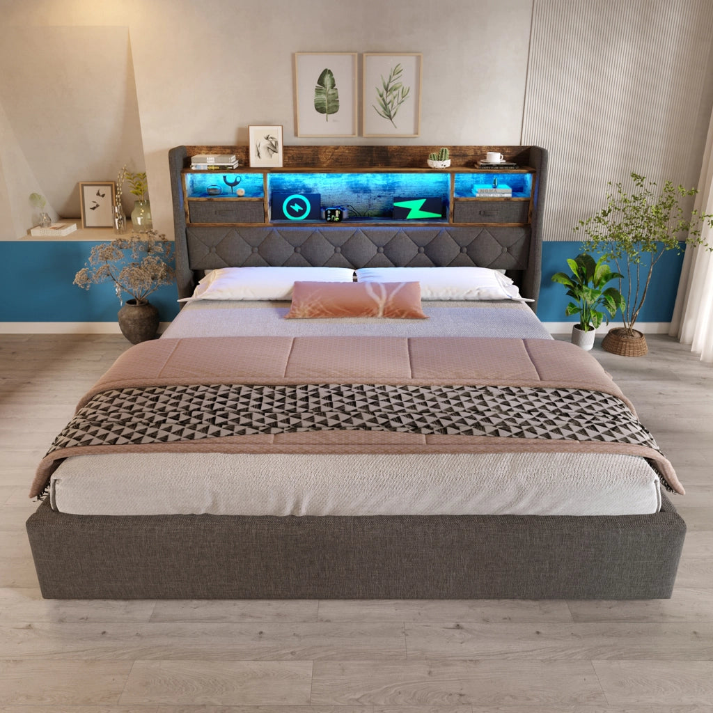 LETTO CONTENITORE 180x200 cm in lino grigio con LED e porte USB/Type-C