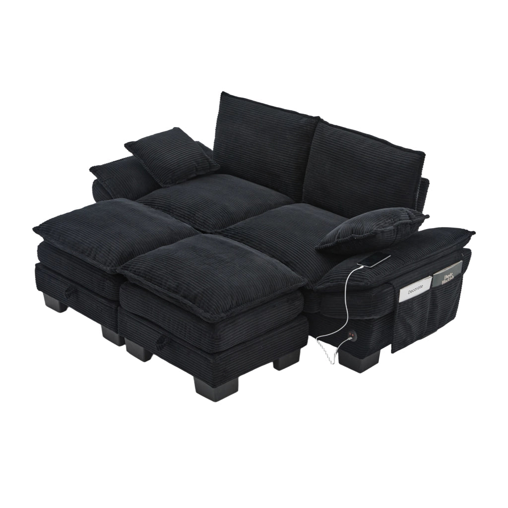 Divano modulare 2 posti - con USB-C e tasche laterali - in corduroy nero