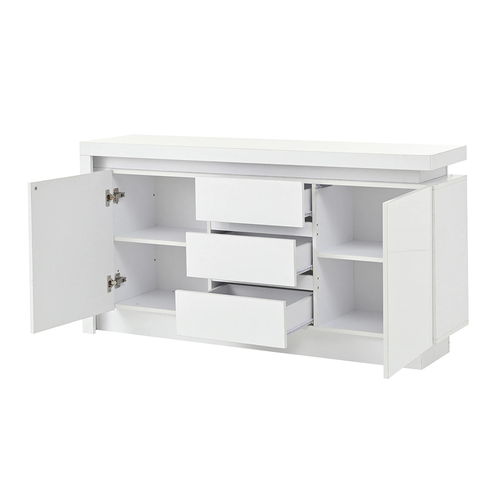 Credenza 140x35x72cm - Xylo - 3 Cassetti e 2 Ante Lucide con LED, Bianco