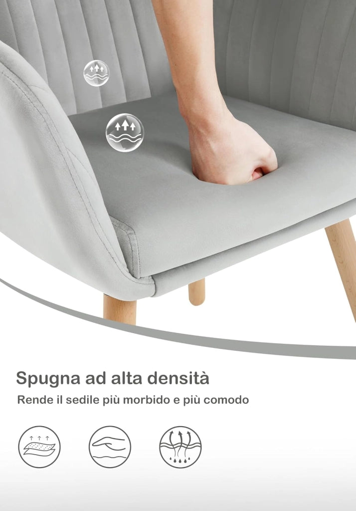 1Pz Sedia da Pranzo Poltroncina per Sala D'attesa Cucina Poltrona con Schienale Braccioli Tessuto in Velluto Gambe di Legno Grigio Chiaro BH95hgr-1