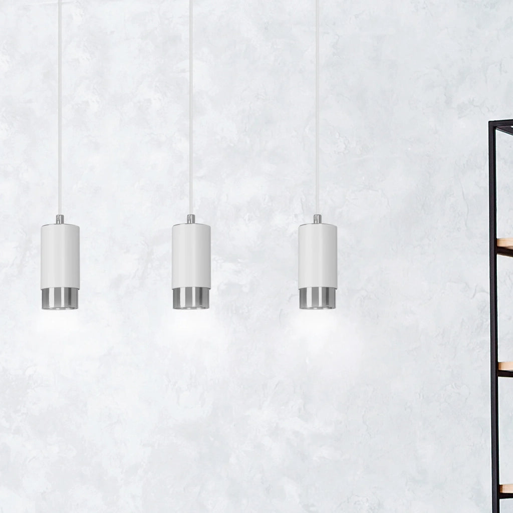Lampadario 3 Luci Ivar Con Cilindri In Acciaio Bianco E Cromo