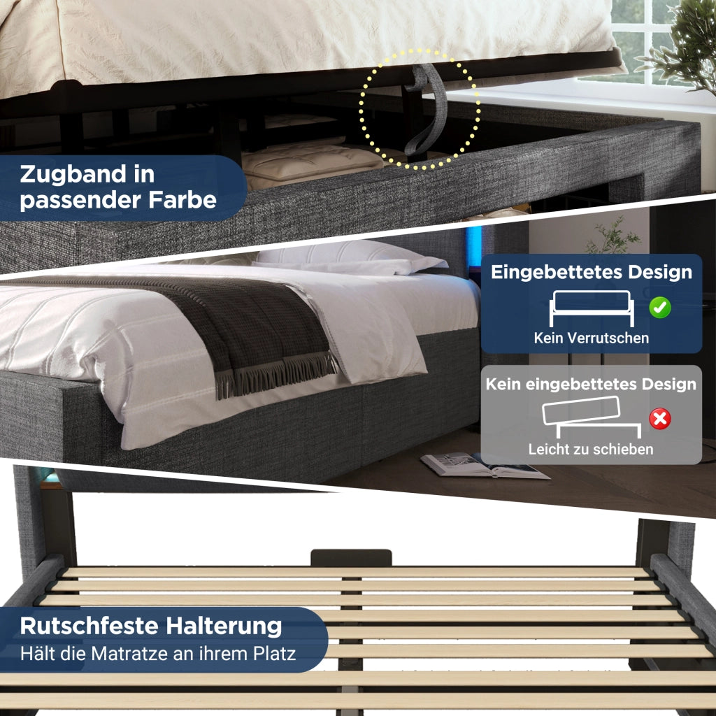 Letto imbottito in lino grigio 180x200 vano idraulico testiera con scomparto LED USB