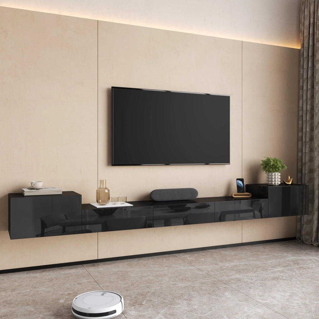Mobile TV con 2 ante a battente e 3 ante a ribalta; LED; per soggiorno; nero