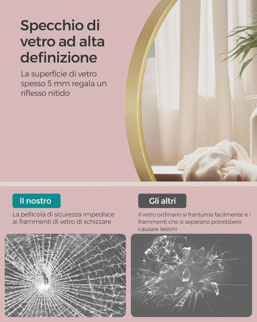 SONGMICS Specchio da Parete Rotondo, 61 cm, Specchio da Bagno, Cornice in Metallo, Facile da Montare, Specchio Moderno per Soggiorno Camera da Letto Ingresso, Oro Metallico LWM102A01