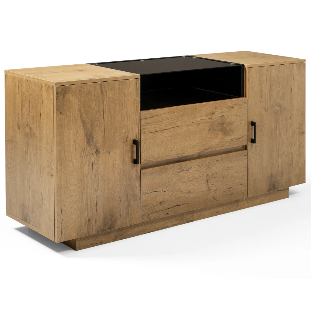 Credenza in finitura rovere con 2 cassetti, 2 ante e vano aperto, H70 L140 P40 cm