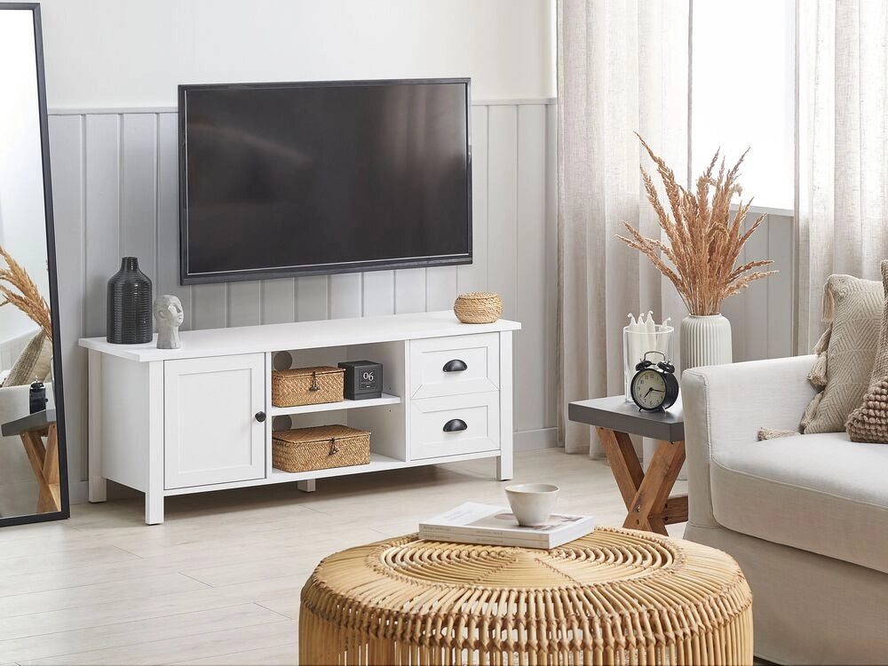 Mobile TV Bianco per TV Fino a 54ʺ Cassettiera Stile Rustico Scaffali Gestione Cavi Soggiorno