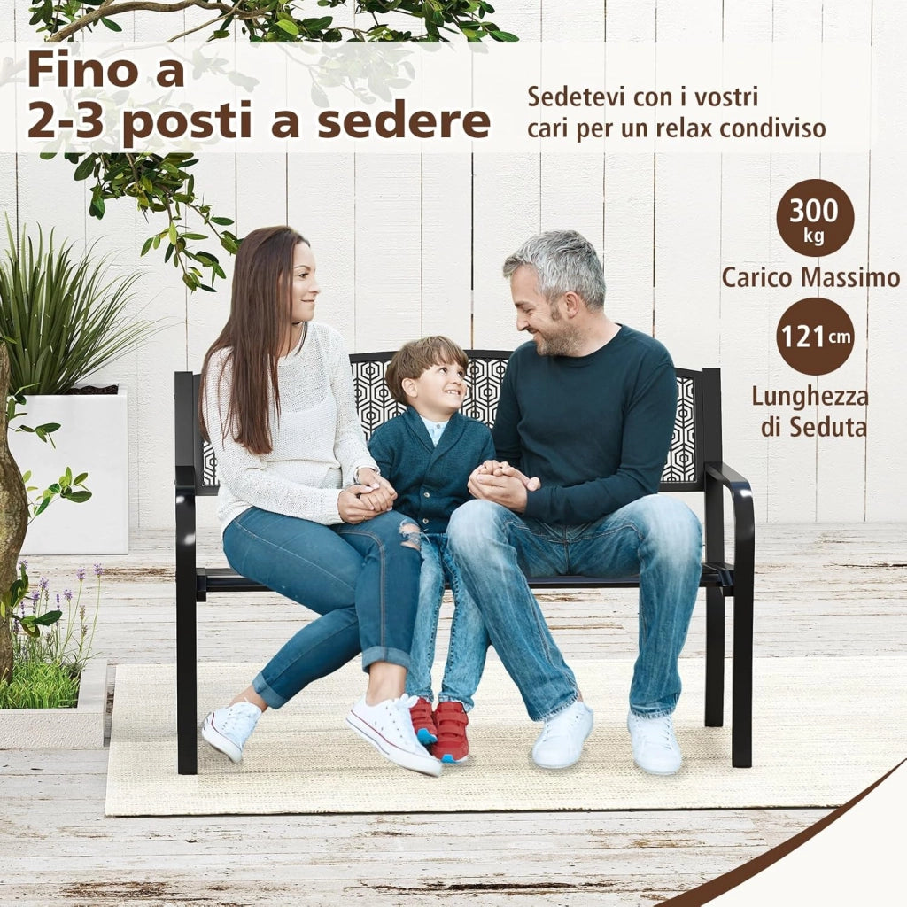Panca da Esterno 2-3 Posti 128 cm, Panca in Metallo con Braccioli Curvi e Schienale alla Moda, Panchina Moderna in Metallo per Parco, Cortile e Giardino (Nero, 128 x 60 x 86.5 cm)