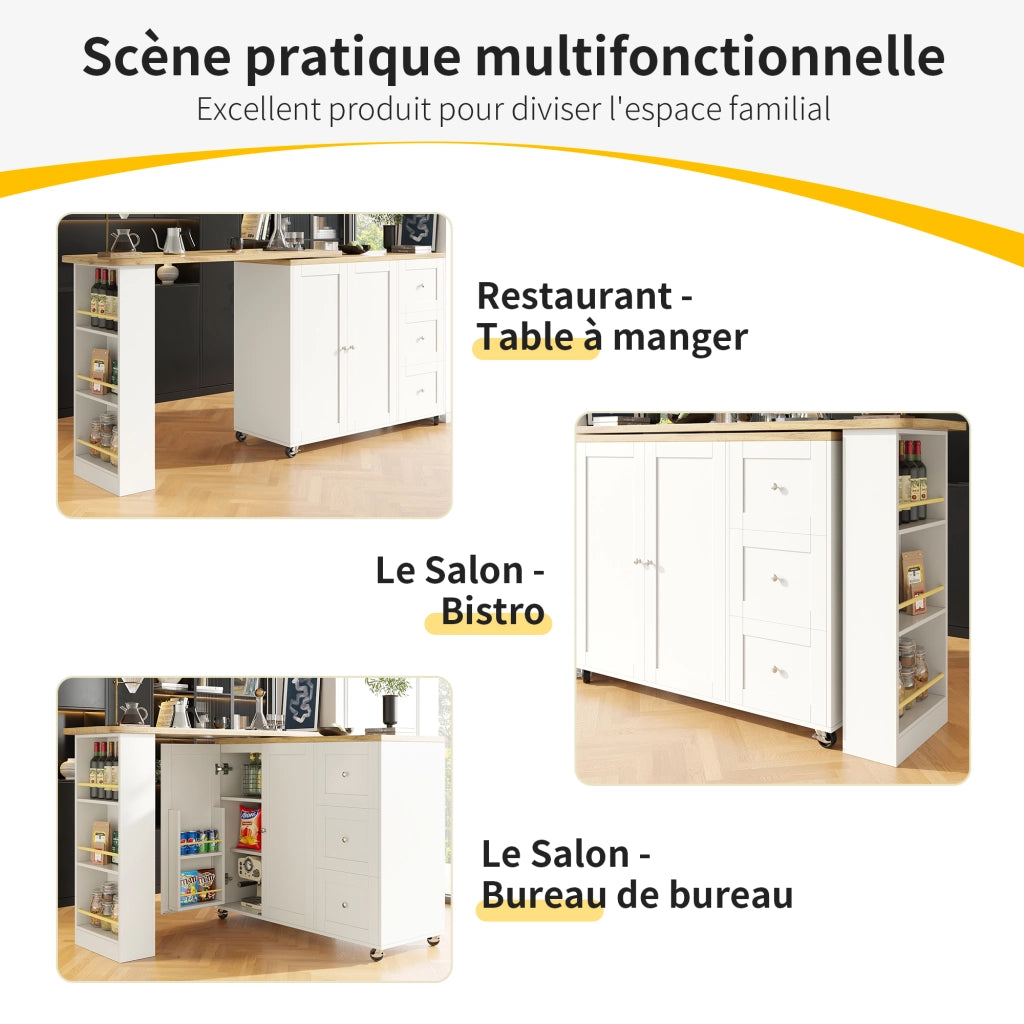 OKWISH Carrello da Cucina con 2 Ante e 3 Cassetti, 3 Ripiani, Rotazione a 360° e Ruote, MDF, Bianco