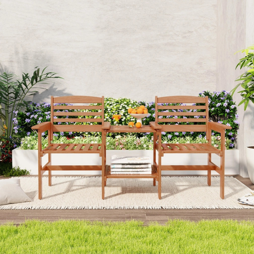 Divano a 2 posti da esterno con tavolo, Set da conversazione in legno con tavolino e foro per ombrellone 159,5x61,5x88cm-Set mobili da esterno