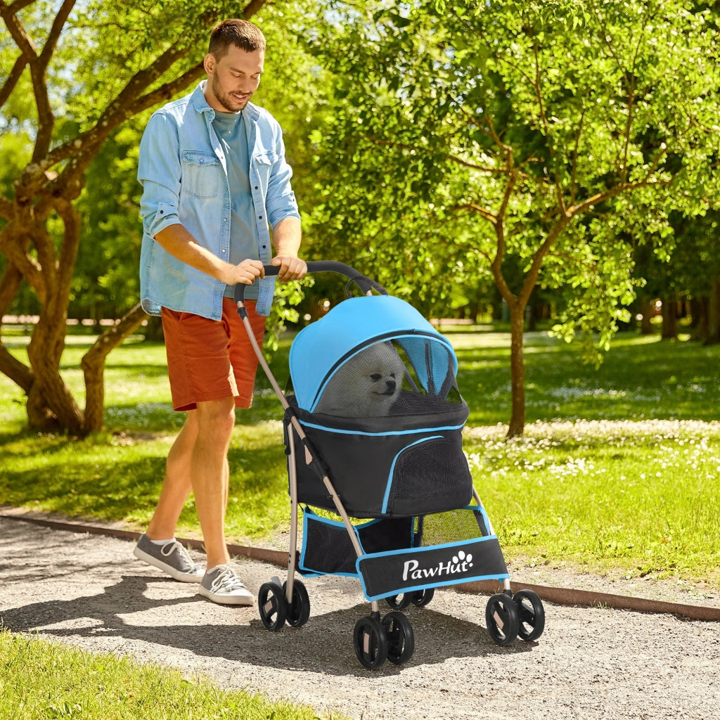Passeggino per Cani Convertibile con 2 Guinzagli e Cuscino, in Acciaio e Poliestere, 82x49.5x98 cm, Azzurro e Nero