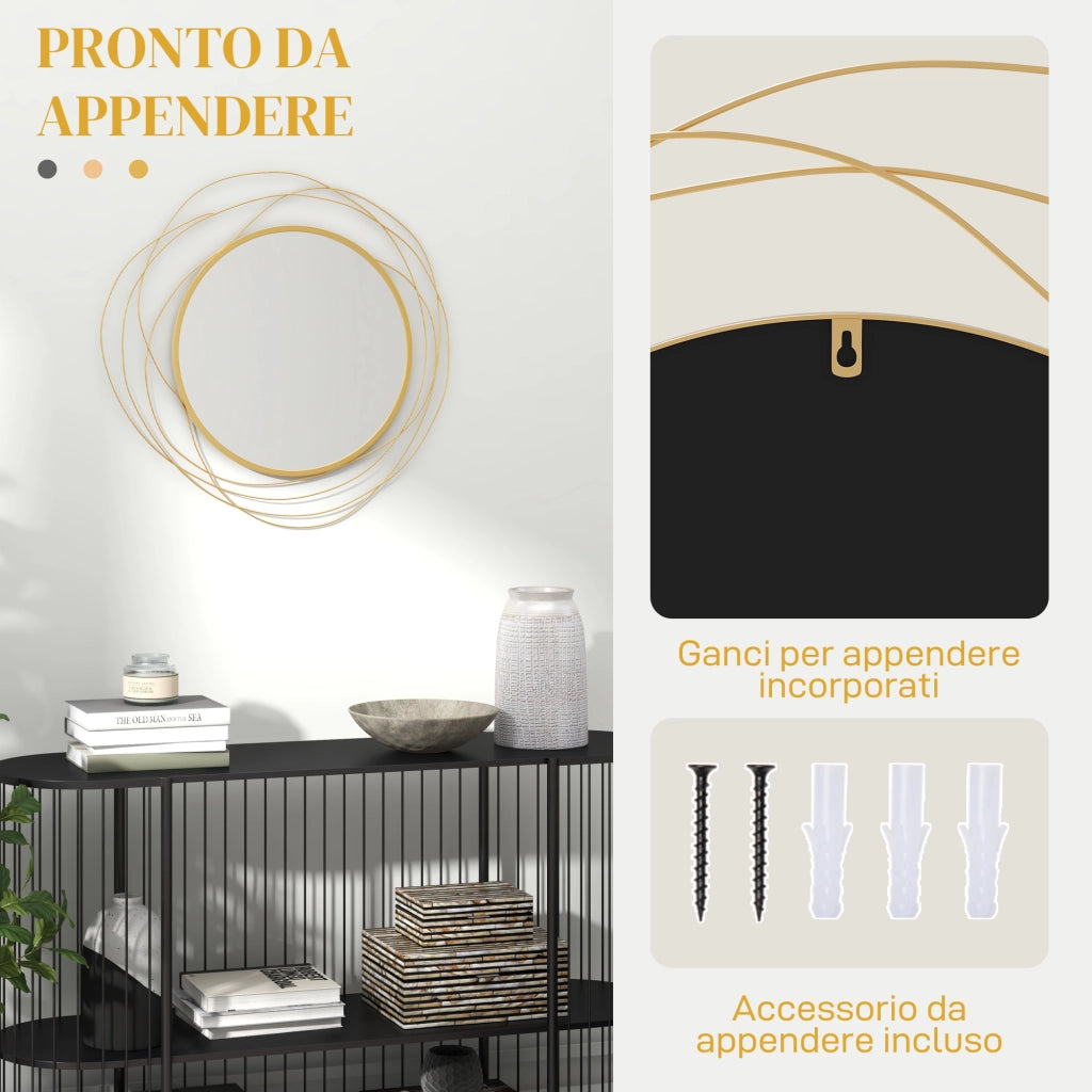 Specchio Moderno e Rotondo Decorativo a Muro con Ganci, in Vetro e Metallo, ?65x1 cm, Oro