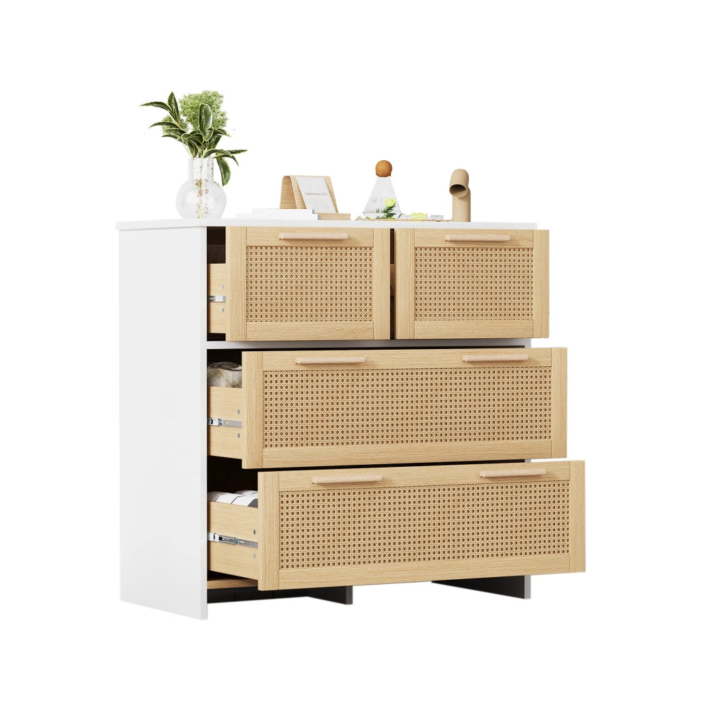 OKWISH Cassettiera in Rattan con 4 Cassetti, Dispositivo Antiribaltamento, per Camera, Soggiorno o Ingresso, 80 x 38 x 80 cm