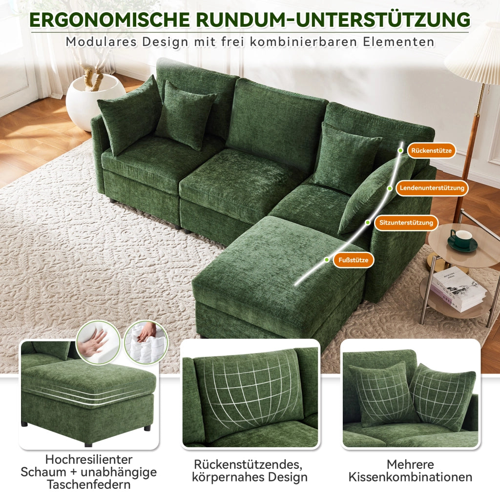 Divano angolare modulare 3 a 4 posti con pouf mobile e 4 cuscini in Chenille Verde