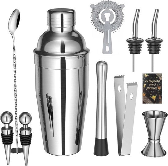 Set di cocktail in acciaio inossidabile da 10 pezzi con libretto di ricette e contenitore da 750 ml per barista professionista per uso domestico
