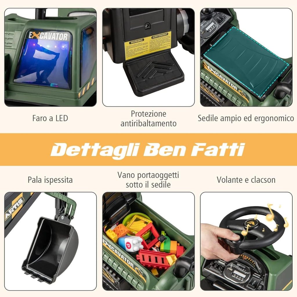 Escavatore Cavalcabile per Bambini, Ruspa Cavalcabile con Sedile Scomparto Portaoggetti, Funzione di Musica e di Educativa, Regalo per Bambini 3 Anni+ (Verde)