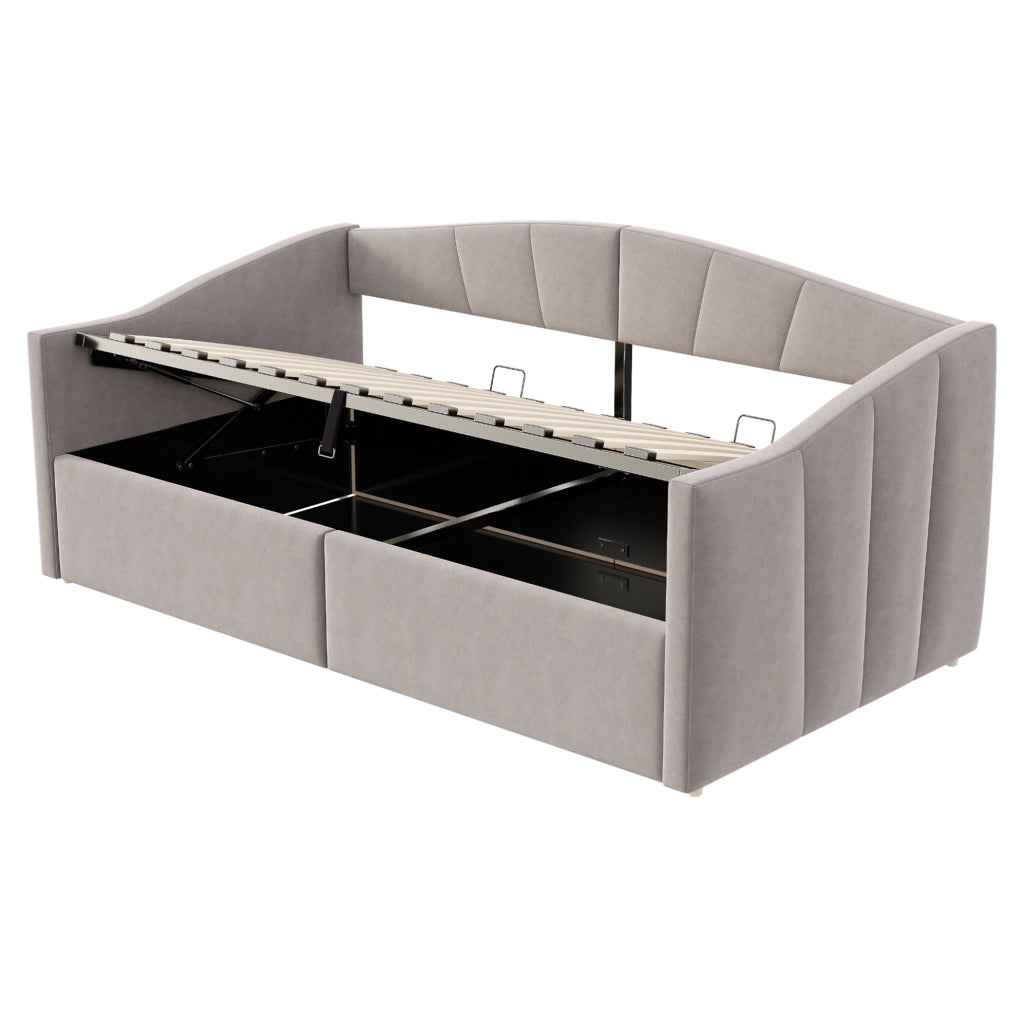 Divano letto imbottito con contenitore idraulico 90x200 cm; velluto; grigio chiaro