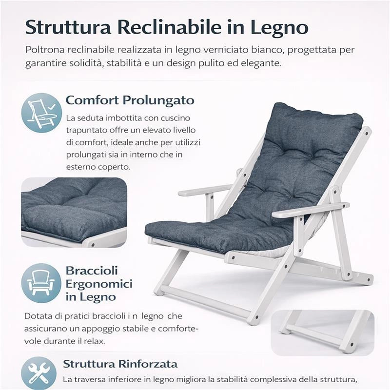 POLTRONA RELAX COMODONA IN LEGNO TELAIO BIANCO ANILINA E TESSUTO BLU JEANS 3 POSIZIONI