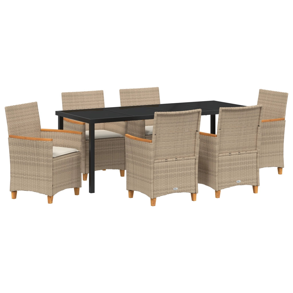 Set da Pranzo da Giardino da 7 Pezzi con Cuscini Beige in Rattan Poly