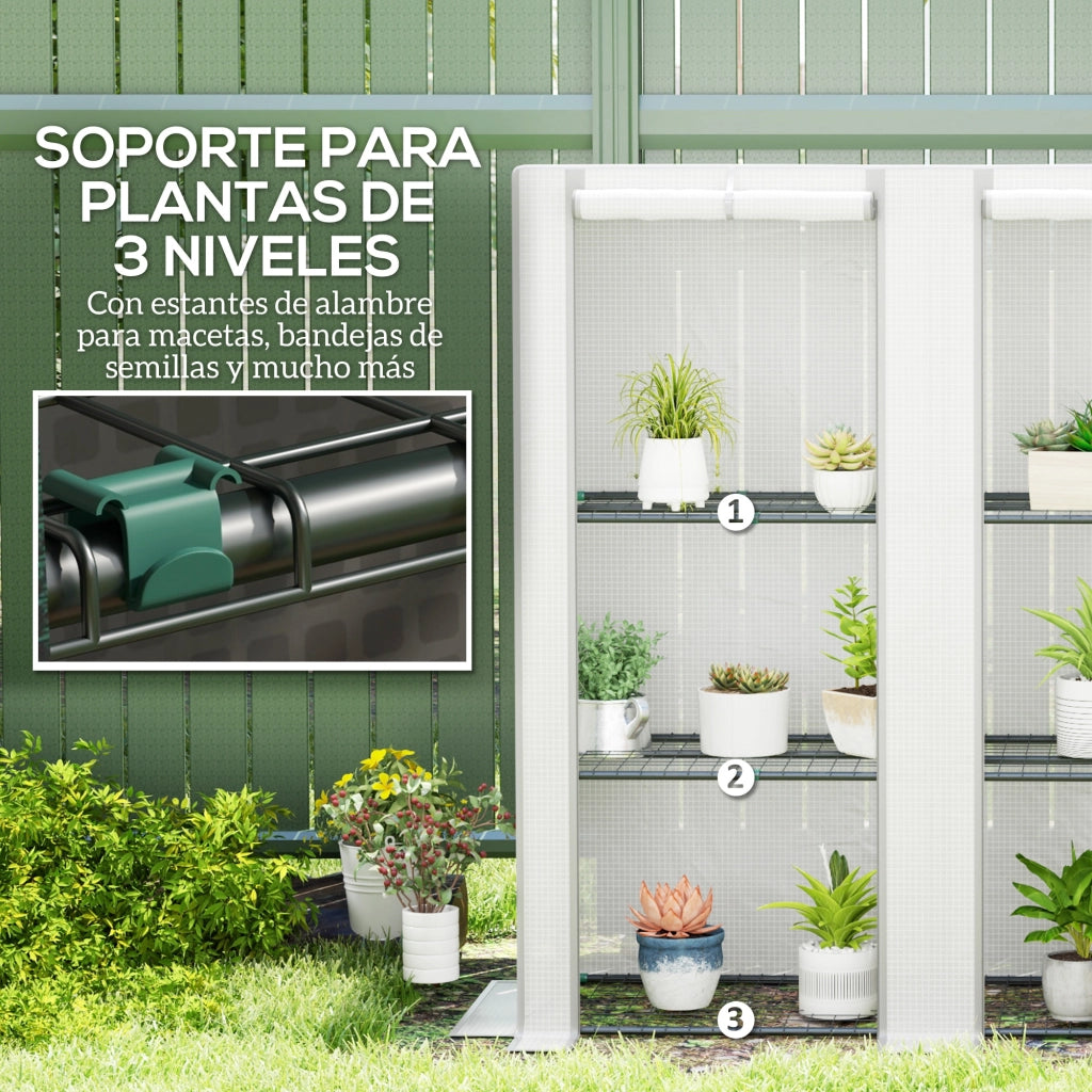 Serra da Giardino con 3 Ripiani e 2 Porte a Rullo ¨C Zephmum ¨C 144x48x152 cm Bianco