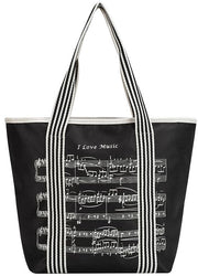 Borsa a spalla per donne, con note musicali, borse riutilizzabili in nylon 600D impermeabile, con programma musicale e cerniera per note alte - nero