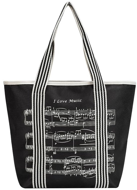 Borsa a spalla per donne, con note musicali, borse riutilizzabili in nylon 600D impermeabile, con programma musicale e cerniera per note alte - nero