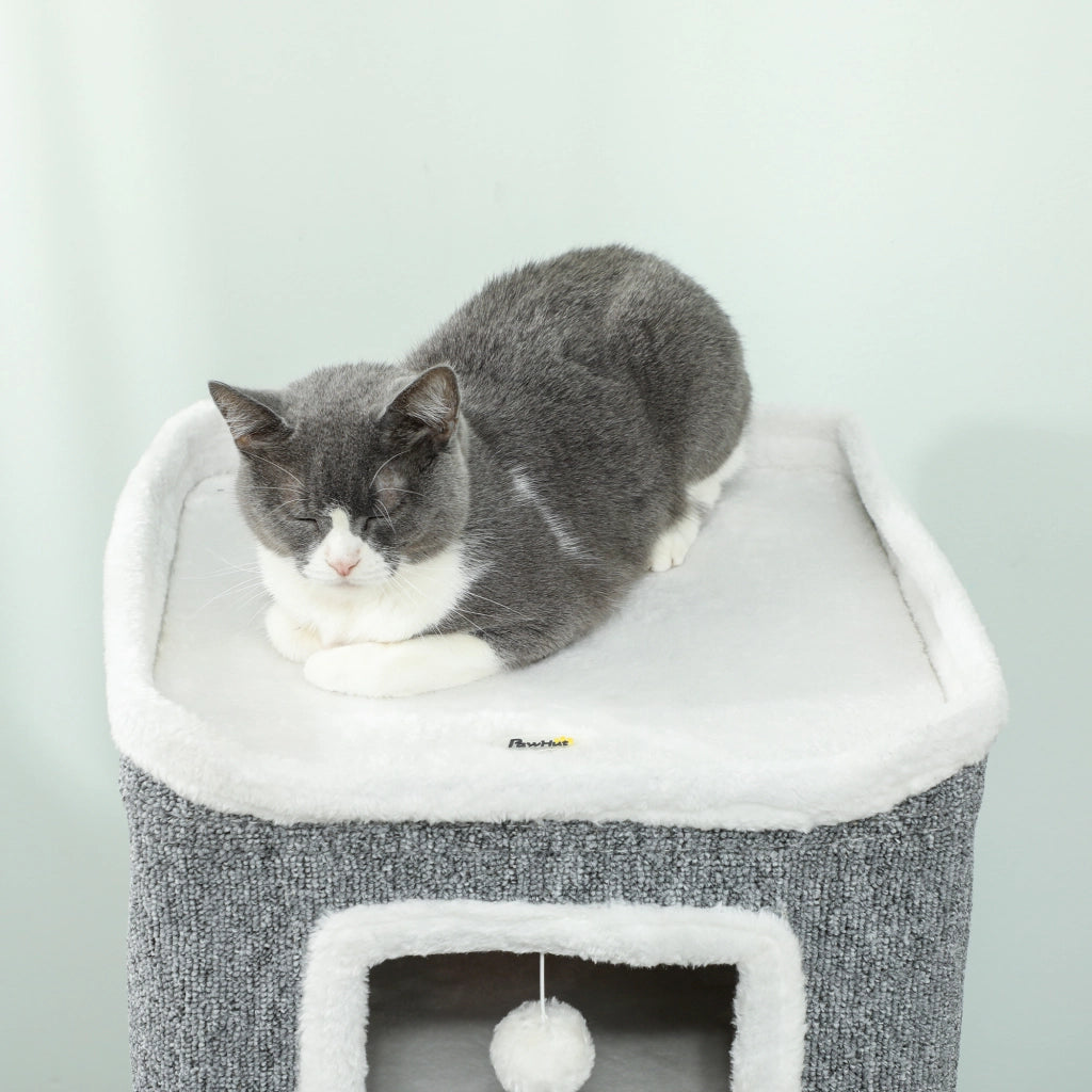 Torre per Gatti con Casette e Palline ¨C zephmum ¨C Legno, Tessuto, 41x41x100 cm, Grigio Bianco