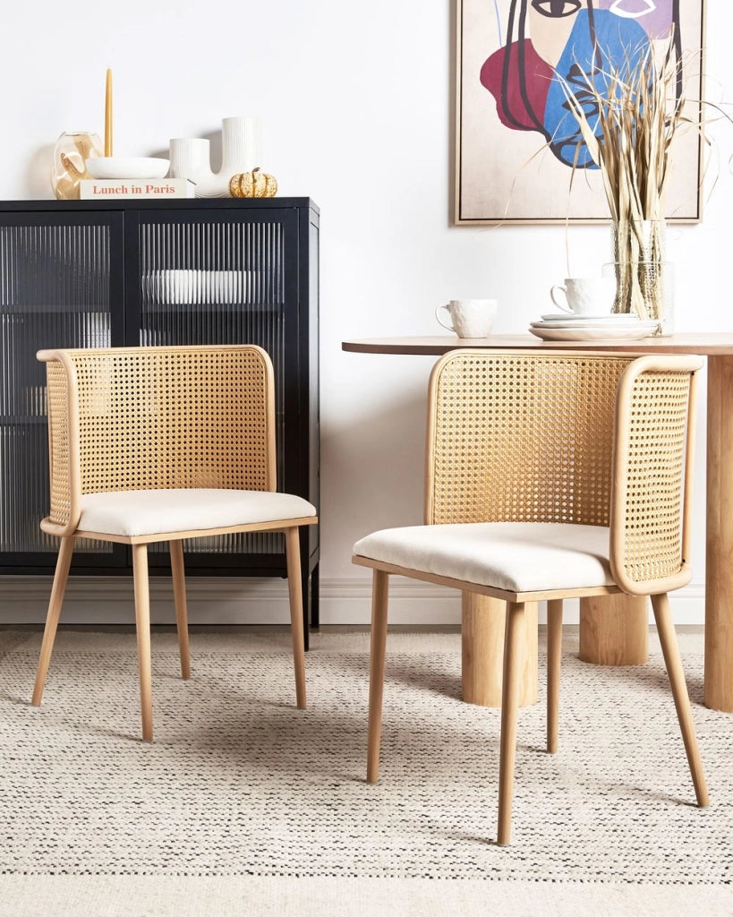 Set di 2 sedie da pranzo con seduta in tessuto e struttura in metallo effetto legno con intreccio viennese stile retrò soggiorno