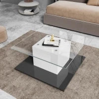 Tavolino da salotto moderno in vetro lucido con striscia LED regolabile e ruote girevoli, 80×80×40 cm, Bianco+Nero