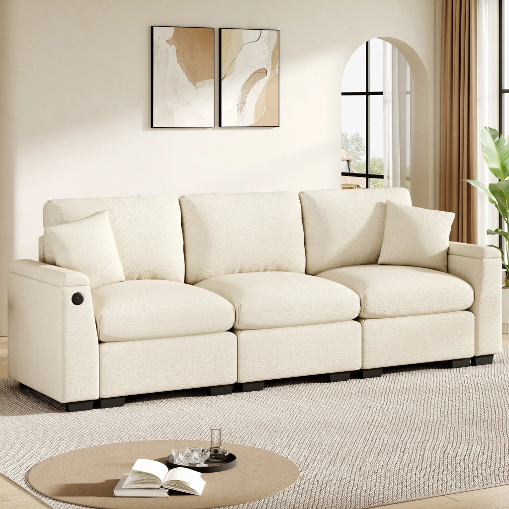 Divano lineare 3 posti con tavolino ribaltabile; USB e contenitore in chenille beige
