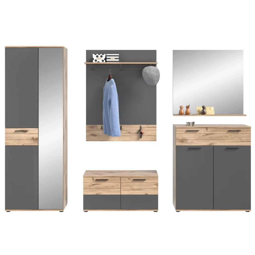 Set bagno: mobile sotto lavabo + mezza colonna + specchio – Grigio antracite e rovere chiaro – SELMA
