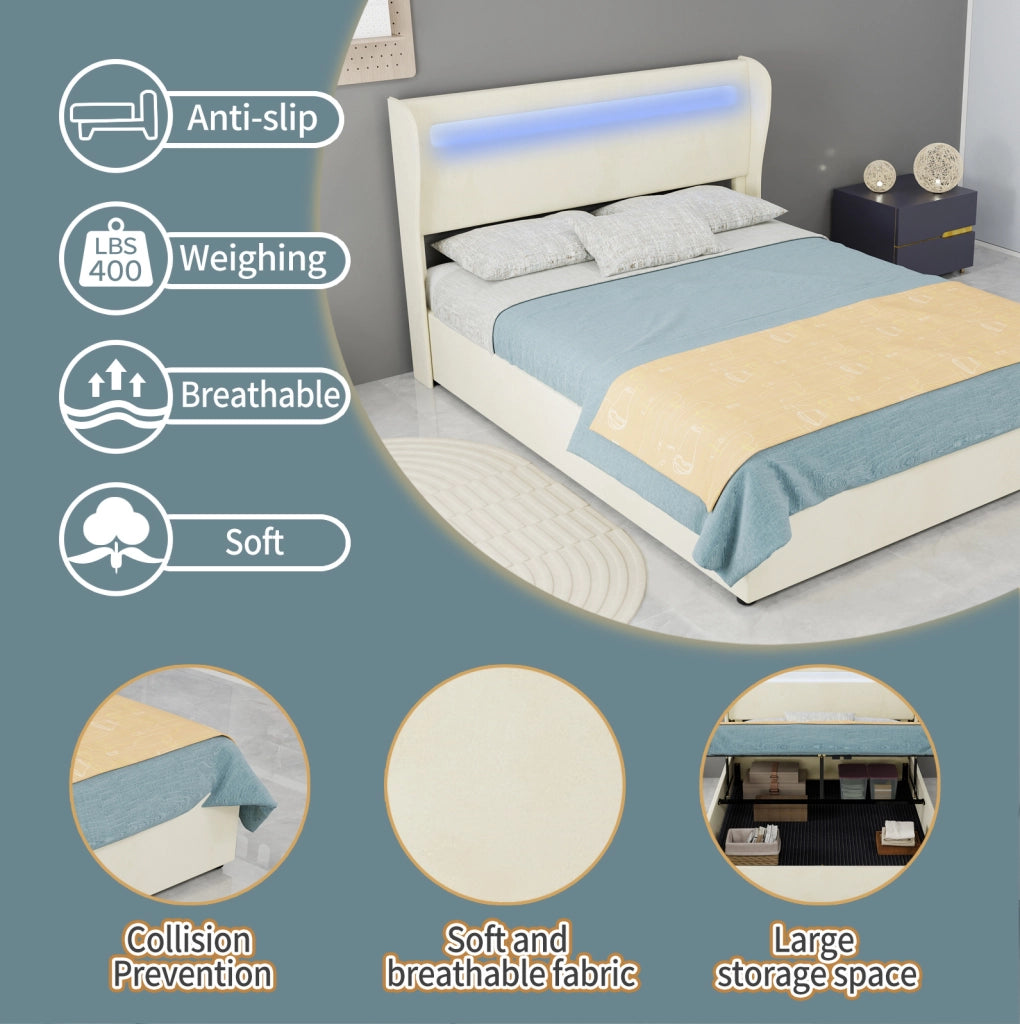Letto imbottito con LED e testiera regolabile 140x200 cm beige