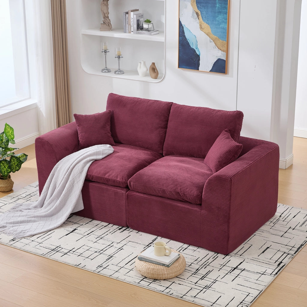 OKWISH Divano 2 Posti, Seduta Imbottita con Cuscini e Design Minimalista, Tessuto a Coste, Rosso Vino