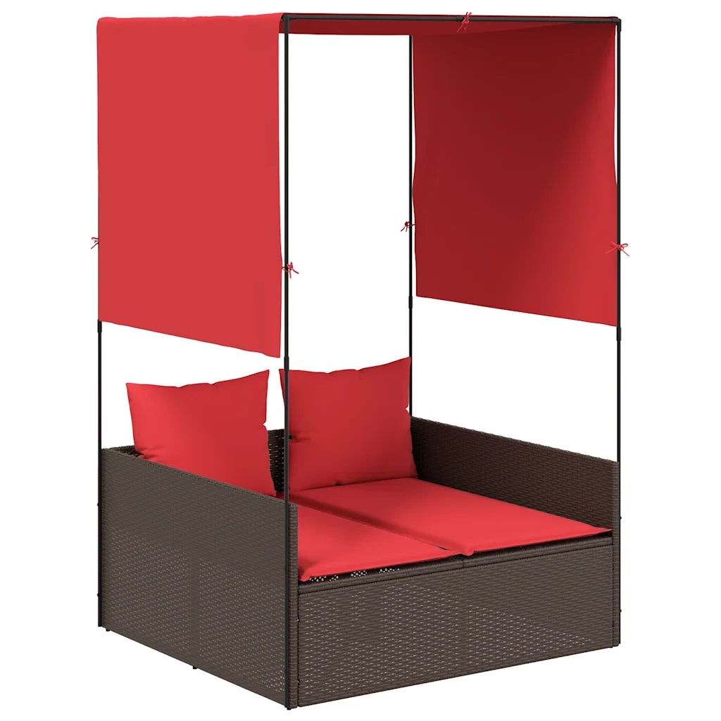 Lettino prendisole doppio con tettoia e tende in Polyrattan Marrone 4002762