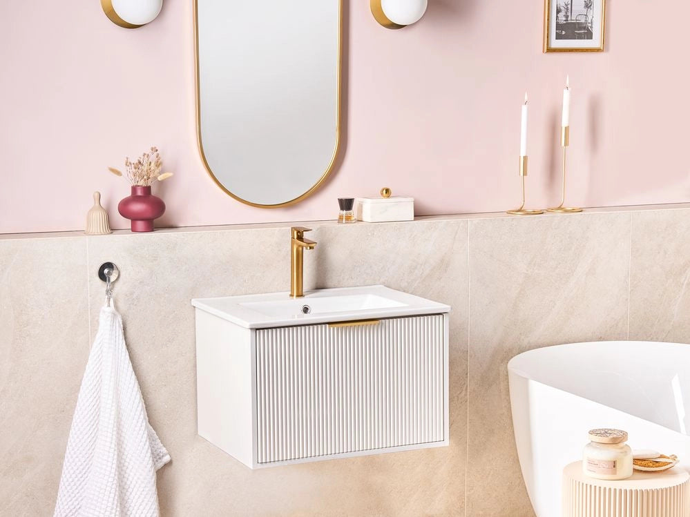 Mobiletto a muro con lavabo in legno massiccio Bianco con maniglia dorata per il bagno 60 cm stile moderno