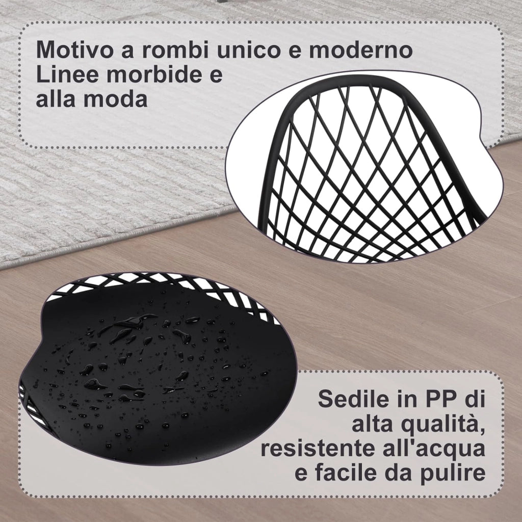 Sedia da Cucina Set da 4, da Pranzo con Schienale Scavato, Seduta in PP e Gambe in Metallo, Stile Scandinavo per Soggiorno, Camera da Letto, Nero, K0017EZS-4