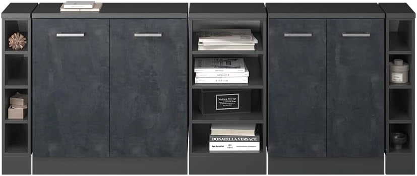 Set di mobili sottotetto Rion, Calcestruzzo nero, 210 cm Set di 5 carcasse armadio profondità 60 cm, adatto per il salvaspazio sotto tetti spioventi