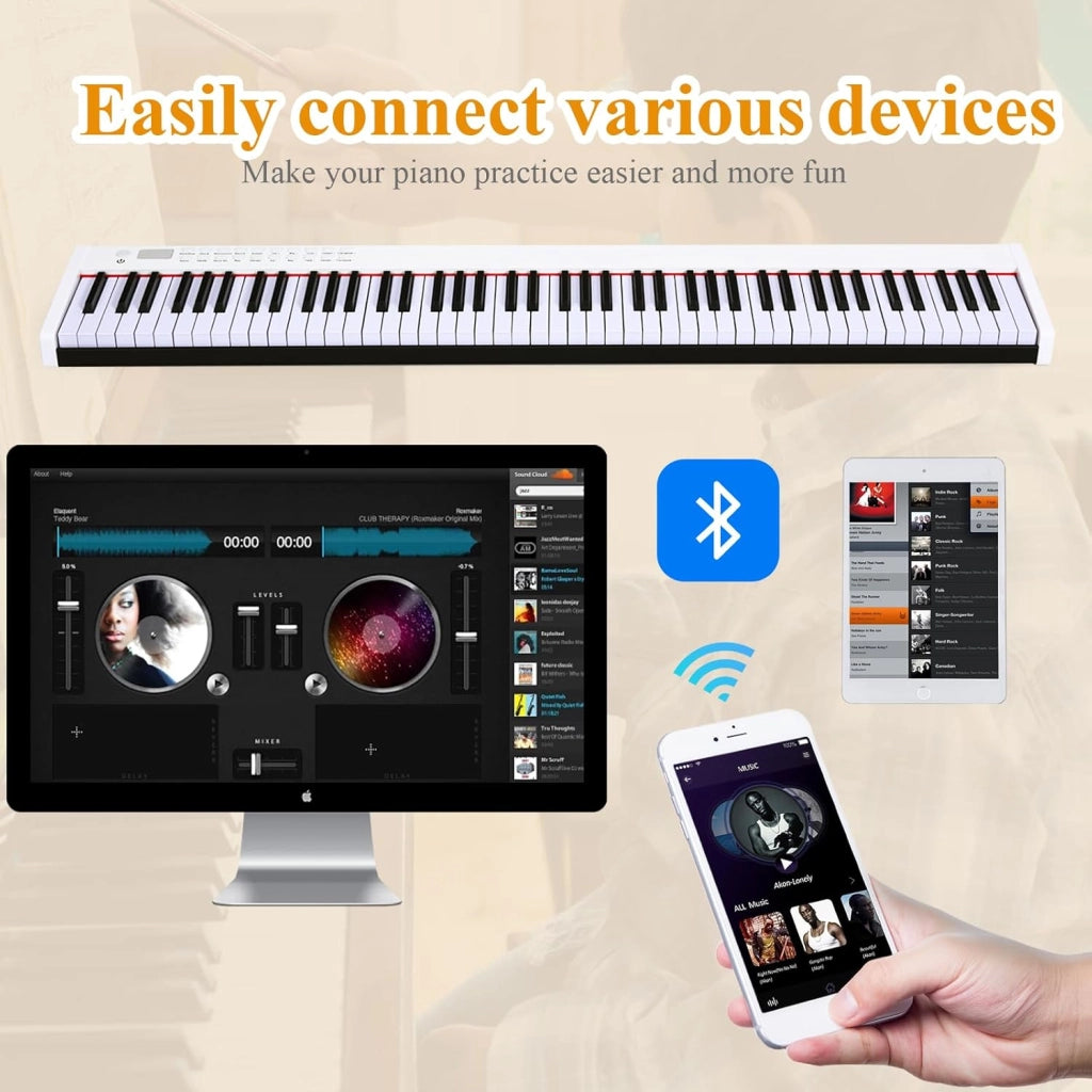 Pianoforte Digitale 88 Tasti Multifunzionale, Tastiera Elettronica con Funzione Bluetooth, Pianola Semi-Pesato per Principianti con Pedale di Sustain, 127 x 21,5 x 6,5 cm (Bianco)