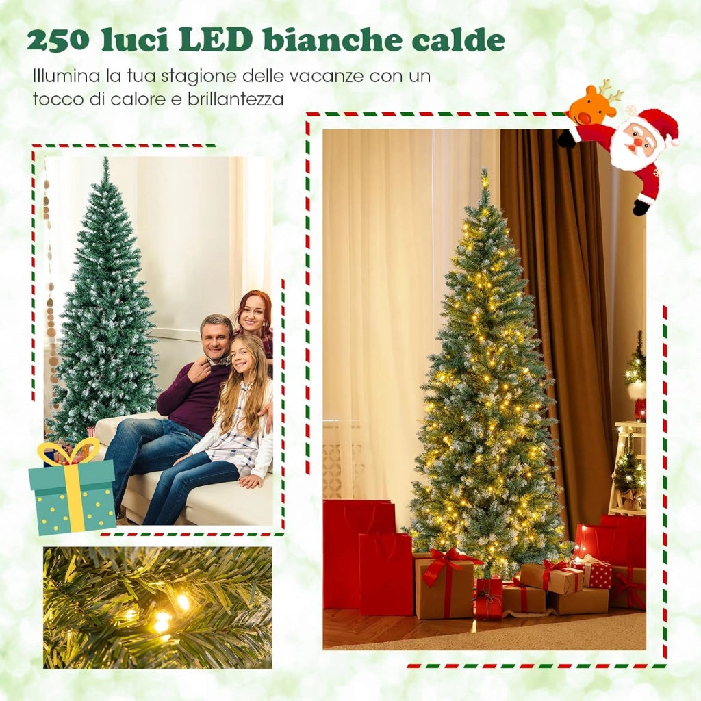 Albero di Natale Slim con Luci 150/180cm, Albero di Natale Innevato con 408/618/818/1298 Punte, 200/250/350/500 Luci LED Bianche Calde, Supporto in Metallo Pieghevole (180 cm)