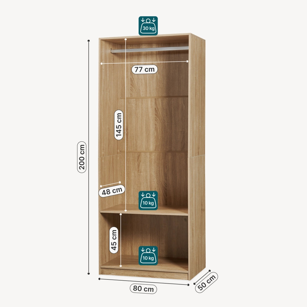 Armadio Aperto Vippsaki Guradaroba con Barra Appendiabiti 200 x 80 x 50 cm - Effetto Rovere [en.casa]