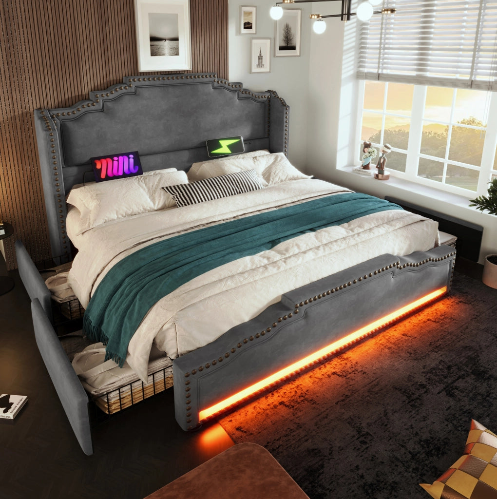 Letto matrimoniale 180x200 cm con 4 cassetti; LED; USB e Type-C; velluto grigio