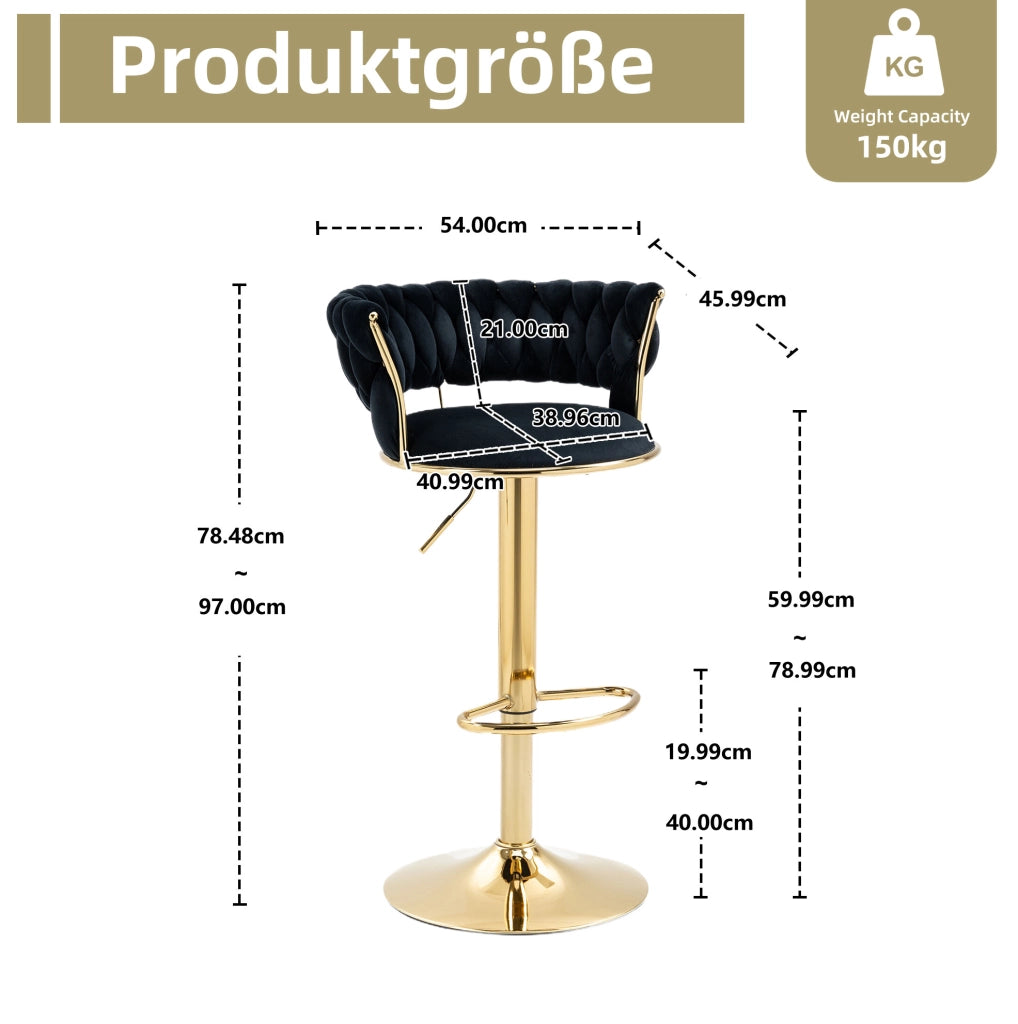 Sgabello da bar girevole 360° regolabile in altezza con schienale; velluto nero e base oro