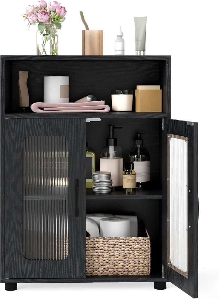 Mobile da Bagno, Mobiletto Salvaspazio con 2 Ante e Ripiano Regolabile a 3 Livelli, Scomparto Aperto, Design Anti-Ribaltamento e Piedini Rialzati, Armadietto per Lavanderia (Naturale)