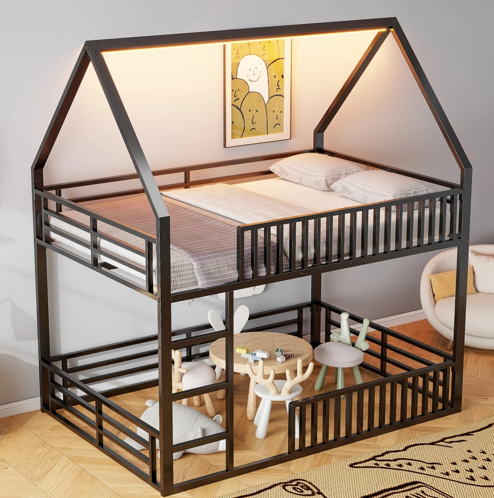Letto a castello a casetta 140x200 in metallo nero con LED