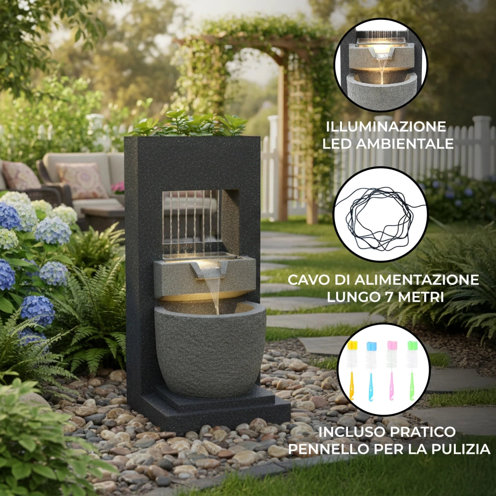 Fontana da Giardino Elettrica Cascade Springs con LED e Vano Porta Piante