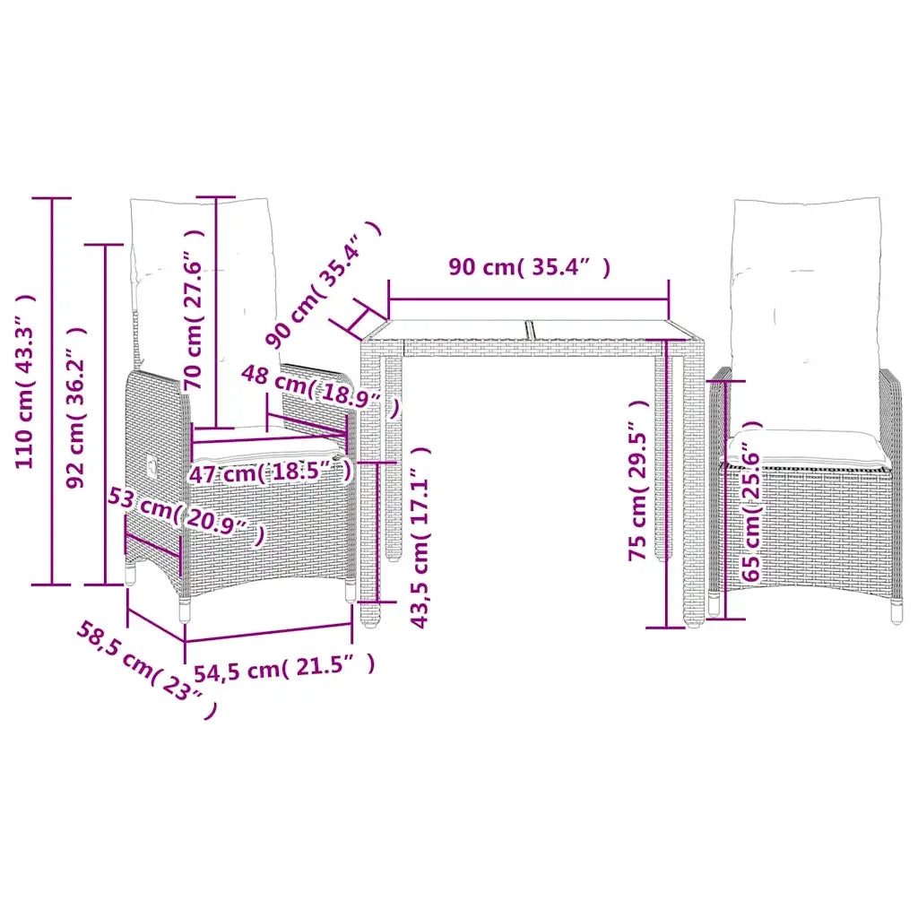 vidaXL Set Bistrò da Giardino 3 pz con Cuscini in Polyrattan Grigio