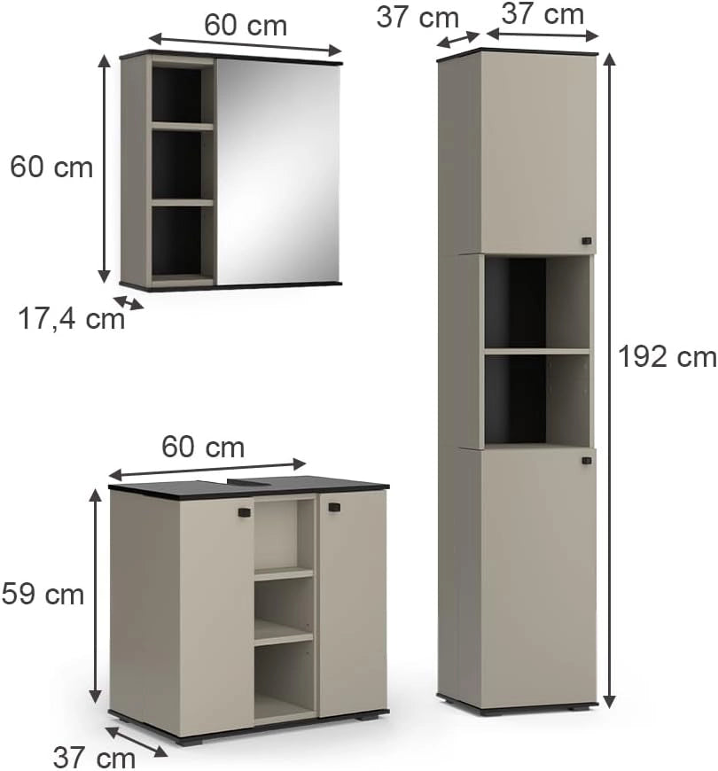 Set di mobili da bagno Joli, Grigio, 60 cm, composto da mobile sottolavabo, specchiera e colonna alta