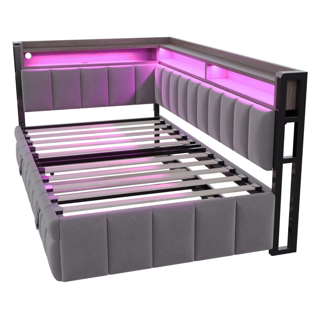 Divano letto estraibile 90x200 cm con LED, USB e USB-C in velluto grigio