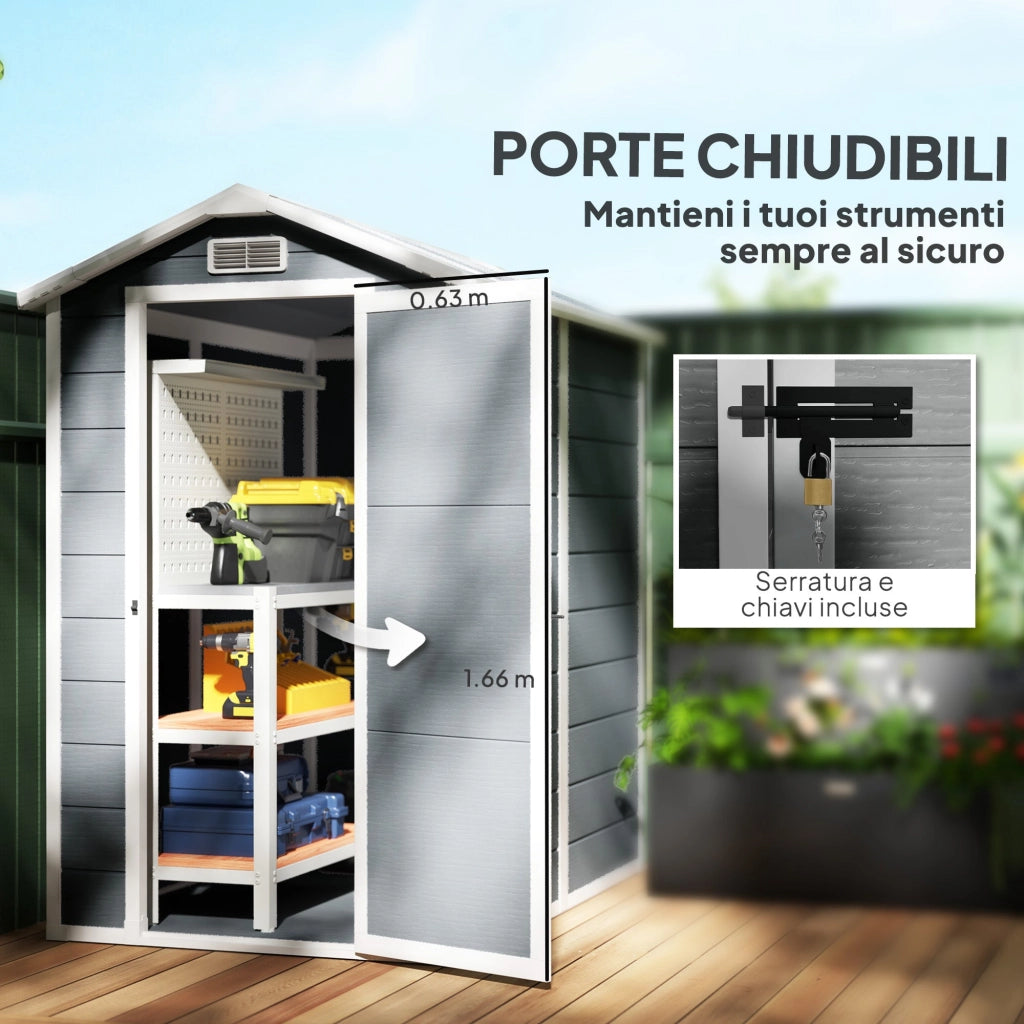 Casetta Box da Giardino 130x180 cm con Pavimento Porta con Blocco e Finestra in Resina Grigio
