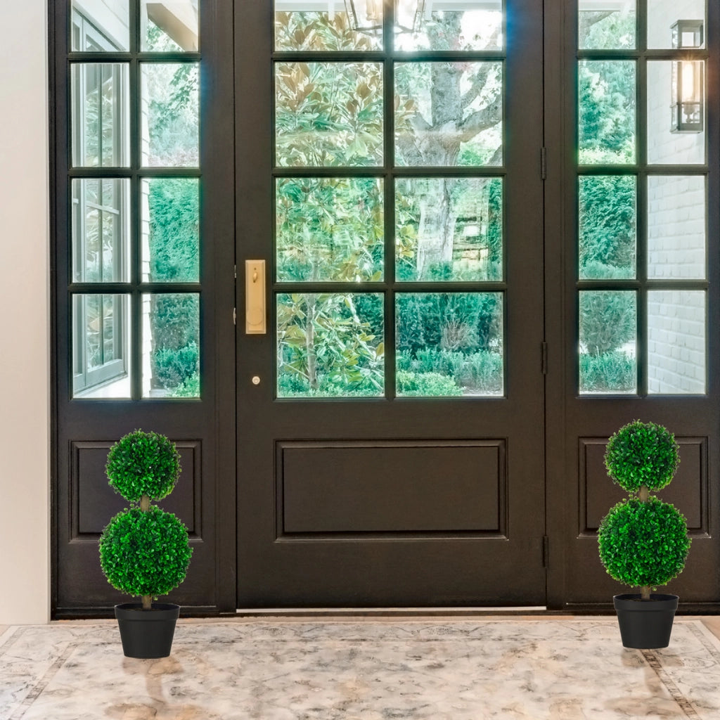 Set da 2 Bosso Artificiale a Doppia Sfera con Tronco e Vaso, Piante Finte Altezza 60 cm, Verde per Interno ed Esterno
