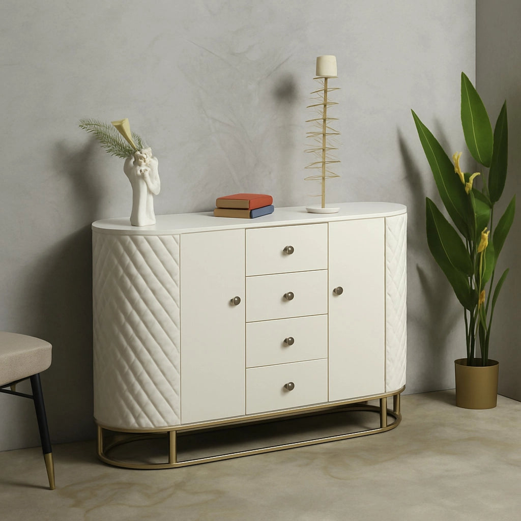 Credenza Grotte, Buffet da soggiorno, Madia da salotto, Dispensa da cucina, 120x40 h85 cm, Bianco e Oro